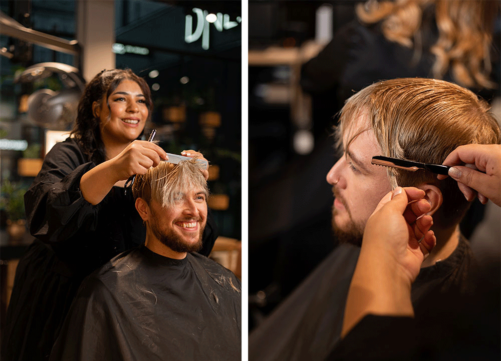 Frisør fra Nikita Hair klipper og styler mann med frisyre med lengde på toppen og kort i nakken og på sidene.