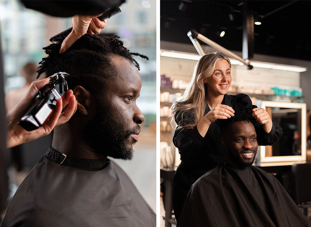 Frisør fra Nikita Hair klipper og styler en high fade-frisyre – presis overgang og velstelt finish.