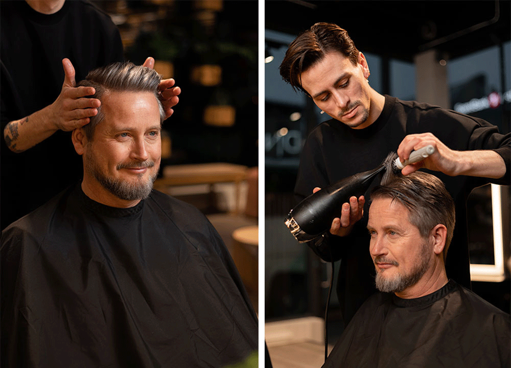 Frisør fra Nikita Hair styler klassisk herrefrisyre med føn og børste for volum og form.