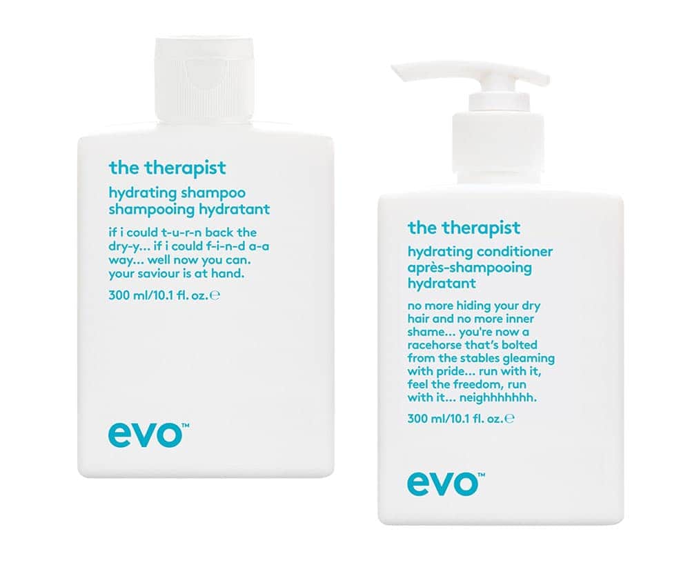 evo The Therapist fuktighetsgivende shampoo og balsam for tørt og slitt hår