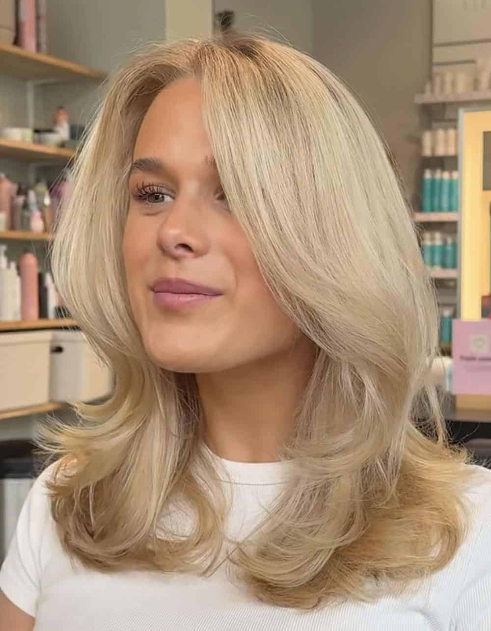 Kremet blondt hår med myke beige toner, naturlig dybde og glans.